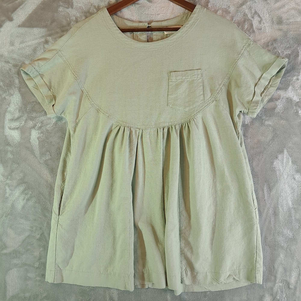 Sage Green Linen Blend Babydoll Tunic Top Womens Large Short Sleeve Pocket